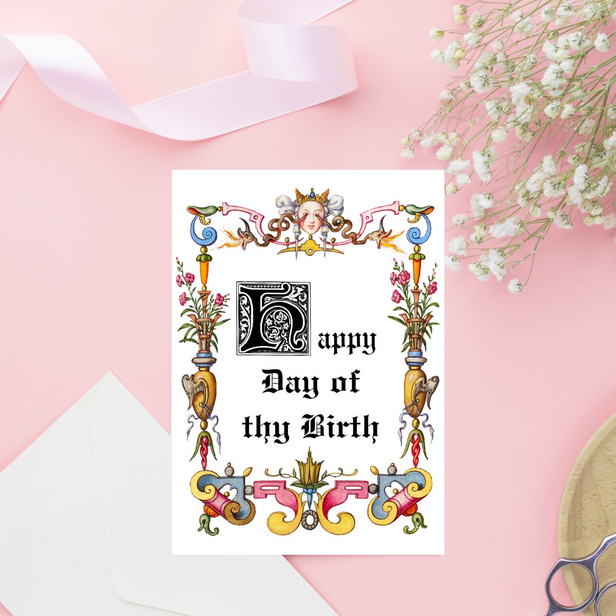 Printable Medieval Birthday Card, Old English Manuscript Style Greeting, Art History Card, Ren Faire Birthday Card, Medievalcore Greeting